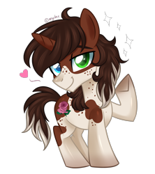 Size: 2945x3313 | Tagged: safe, artist:kaikururu, imported from derpibooru, oc, oc only, pony, unicorn, freckles, heart, heterochromia, horn, male, raised hoof, simple background, solo, stallion, transparent background, underhoof, unicorn oc