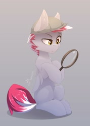 Size: 2140x3000 | Tagged: safe, artist:n_thing, imported from derpibooru, oc, oc only, pegasus, pony, blank flank, cheek fluff, ear fluff, eyebrows, folded wings, gray background, gray coat, hat, high res, magnifying glass, oc name needed, pegasus oc, raised eyebrow, signature, simple background, sitting, solo, wings, yellow eyes