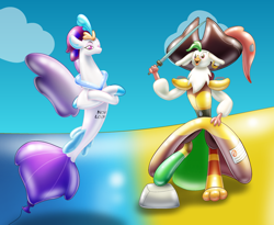Size: 2750x2250 | Tagged: safe, artist:bladedragoon7575, imported from derpibooru, captain celaeno, queen novo, griffon, seapony (g4), my little pony: the movie, amputee, balloon, beach, beak, clothes, cloud, crown, dorsal fin, feather, female, fin wings, fins, fish tail, flowing tail, hat, inflatable, jewelry, open mouth, peg leg, prosthetic leg, prosthetic limb, prosthetics, purple eyes, purple wings, red eyes, regalia, sky, smiling, sword, tail, water, weapon, wings