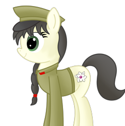 Size: 2552x2576 | Tagged: safe, alternate version, anonymous artist, imported from derpibooru, oc, oc only, oc:mokran, earth pony, pony, braid, clothes, earth pony oc, female, hat, high res, hooves, mare, military uniform, nation ponies, north korea, ponified, simple background, smiling, solo, tail, transparent background, uniform