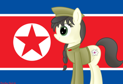 Size: 3920x2672 | Tagged: safe, alternate version, anonymous artist, imported from derpibooru, oc, oc only, oc:mokran, pony, braid, clothes, female, flag, hat, high res, military uniform, nation ponies, north korea, north korean flag, ponified, solo, uniform