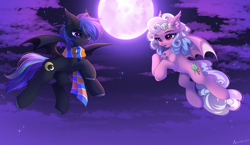 Size: 3500x2023 | Tagged: safe, artist:airiniblock, imported from derpibooru, oc, oc only, oc:haiky haiku, bat pony, pony, bat pony oc, clothes, commission, duo, flying, moon, night, rcf community, scarf, sky background