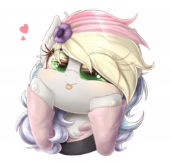 Size: 1920x1826 | Tagged: safe, artist:phoenixrk49, imported from derpibooru, oc, oc only, oc:blazey sketch, pegasus, pony, :p, blushing, bust, chest fluff, clothes, cute, ear fluff, emanata, eye clipping through hair, eye reflection, female, flower, flower in hair, gray coat, heart, hoof on cheek, hooves on cheeks, mare, multicolored hair, pegasus oc, reflection, simple background, solo, squishy cheeks, tongue out, white background