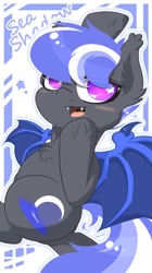 Size: 1079x1920 | Tagged: safe, artist:phoenixrk49, imported from derpibooru, oc, oc only, bat pony, pony, bat pony oc, fangs, female, hoof on chin, looking at you, mare, open mouth, solo, starry eyes, stars, text, wingding eyes