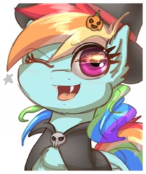 Size: 1677x1998 | Tagged: safe, artist:phoenixrk49, imported from derpibooru, rainbow dash, pegasus, pony, bust, clothes, eye reflection, fangs, female, hat, looking at you, mare, one eye closed, open mouth, open smile, reflection, simple background, skull, smiling, smiling at you, solo, stars, white background, wink, winking at you