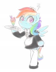 Size: 1496x1920 | Tagged: safe, artist:phoenixrk49, imported from derpibooru, rainbow dash, pegasus, semi-anthro, blushing, clothes, drink, drinking straw, female, french maid, looking at you, maid, maid headdress, mare, plate, rainbow maid, simple background, solo, stockings, thigh highs, white background