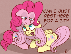 Size: 1232x947 | Tagged: safe, artist:doodledonutart, imported from derpibooru, fluttershy, pinkie pie, earth pony, pegasus, pony, cuddling, female, floppy ears, flutterpie, lesbian, mare, shipping