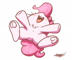 Size: 2048x1692 | Tagged: safe, alternate version, artist:phoenixrk49, imported from derpibooru, pinkie pie, earth pony, pony, belly button, butt, chest fluff, featureless crotch, female, frog (hoof), mare, nose in the air, open mouth, open smile, plot, signature, simple background, smiling, solo, underhoof, white background