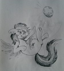 Size: 2890x3222 | Tagged: safe, artist:dreamy990, imported from derpibooru, rainbow dash, pony, ball, monochrome, solo, traditional art