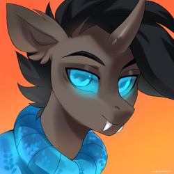 Size: 1700x1700 | Tagged: safe, alternate version, artist:zlatavector, imported from derpibooru, oc, oc only, oc:rosie clockwork, changeling, changeling oc, clothes, commission, fangs, icon, looking at you, male, smiling, smiling at you, solo, stallion, sweater