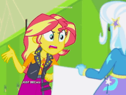 Size: 768x576 | Tagged: safe, edit, edited screencap, imported from derpibooru, screencap, sunset shimmer, trixie, equestria girls, equestria girls series, forgotten friendship, animated, clothes, cutie mark on clothes, duo, duo female, female, geode of empathy, jacket, jewelry, leather, leather jacket, lockers, magical geodes, necklace, open mouth, smiling, sound, tiktok, webm