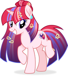 Size: 3158x3520 | Tagged: safe, artist:cirillaq, imported from derpibooru, oc, oc only, pony, unicorn, female, full body, grin, high res, hooves, horn, mare, multicolored mane, multicolored tail, raised hoof, raised leg, shadow, show accurate, simple background, smiling, solo, standing, standing on two hooves, tail, transparent background, unicorn oc