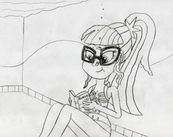 Size: 1024x813 | Tagged: safe, artist:736berkshire, imported from derpibooru, sci-twi, twilight sparkle, equestria girls, book, bubble, clothes, female, monochrome, one-piece swimsuit, reading, sci-twi swimsuit, solo, swimming pool, swimsuit, traditional art, underwater