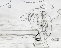 Size: 1024x813 | Tagged: safe, artist:736berkshire, imported from derpibooru, rarity, equestria girls, beach, bikini, bikini top, clothes, ear piercing, eyes closed, female, monochrome, piercing, solo, swimming pool, swimsuit, traditional art