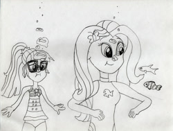 Size: 1280x969 | Tagged: safe, artist:736berkshire, imported from derpibooru, fluttershy, sci-twi, twilight sparkle, fish, equestria girls, bubble, clothes, duo, duo female, female, fluttershy's one-piece swimsuit, monochrome, one-piece swimsuit, sci-twi swimsuit, swimsuit, traditional art, underwater