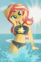 Size: 1329x2000 | Tagged: safe, artist:emeraldblast63, artist:sumin6301, imported from derpibooru, sunset shimmer, equestria girls, bare shoulders, based on art, belly button, breasts, busty sunset shimmer, clothes, female, inspired by another artist, ocean, sexy, sleeveless, solo, stupid sexy sunset shimmer, sunset shimmer's beach shorts swimsuit, swimsuit, water