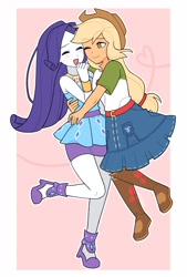 Size: 2305x3400 | Tagged: safe, artist:4phr0sd3l0s, imported from derpibooru, applejack, rarity, equestria girls, blushing, clothes, cute, dress, eyes closed, female, freckles, heart, hug, jackabetes, lesbian, one eye closed, open mouth, pink background, raribetes, rarijack, rarity peplum dress, shipping, simple background, skirt, smiling