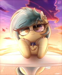 Size: 1692x2048 | Tagged: safe, artist:phoenixrk49, imported from derpibooru, oc, oc only, pony, choker, ear piercing, eye clipping through hair, eye reflection, female, hoof on cheek, looking at you, mare, piercing, reflection, signature, solo, table
