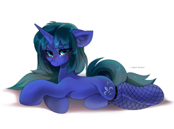 Size: 2300x1700 | Tagged: safe, artist:zlatavector, imported from derpibooru, oc, oc only, oc:arclight, pony, unicorn, blushing, clothes, commission, female, fishnets, lies, looking at you, mare, solo, stockings, thigh highs