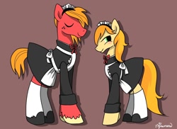 Size: 1486x1080 | Tagged: safe, artist:oc_ponys, imported from derpibooru, big macintosh, braeburn, earth pony, pony, blushing, clothes, crossdressing, duo, embarrassed, eyes closed, maid, maid headdress, male, smiling, socks, stallion, wavy mouth, white socks