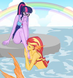 Size: 1797x1920 | Tagged: safe, artist:grapefruit-face, imported from derpibooru, sci-twi, sunset shimmer, twilight sparkle, mermaid, equestria girls, base used, bikini, bikini top, blushing, clothes, ear fins, eyes closed, feet, female, fetish, fish tail, foot fetish, hand over mouth, kissing, lesbian, mermaid tail, mermaidized, one-piece swimsuit, rainbow, scitwishimmer, shipping, show accurate, sitting, species swap, sunsetsparkle, swimsuit, tail, water