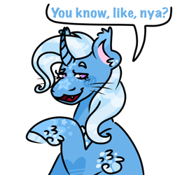 Size: 640x640 | Tagged: safe, artist:dozy-draws, imported from derpibooru, trixie, pony, unicorn, :3, alternate design, curved horn, dialogue, fangs, horn, looking at you, nya, smiling, solo, unshorn fetlocks