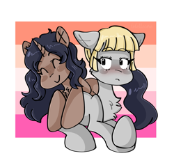 Size: 1383x1311 | Tagged: safe, artist:lolettecore, imported from derpibooru, oc, earth pony, pony, unicorn, attack on titan, chest fluff, cute, duo, earth pony oc, eyebrows, eyebrows visible through hair, female, floppy ears, lesbian, love, mahogany, ponified, shading, yelena (attack on titan)