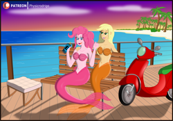 Size: 1920x1339 | Tagged: safe, artist:physicrodrigo, imported from derpibooru, applejack, pinkie pie, mermaid, series:equestria mermaids, equestria girls, mermaidized, ocean, species swap, story included, sunset, water