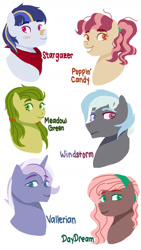 Size: 1024x1817 | Tagged: safe, artist:shimmerharmony4215, imported from derpibooru, oc, oc only, oc:daydream, oc:meadow green, oc:poppin' candy, oc:stargazer, oc:vallerian, oc:windstorm, earth pony, pegasus, pony, unicorn, bandana, bust, female, hairband, magical lesbian spawn, male, mare, next generation, offspring, parent:applejack, parent:big macintosh, parent:flash sentry, parent:fluttershy, parent:pinkie pie, parent:pokey pierce, parent:rainbow dash, parent:rarity, parent:soarin', parent:thunderlane, parent:trixie, parent:twilight sparkle, parents:flashlight, parents:fluttermac, parents:pokeypie, parents:rarixie, parents:soarinjack, parents:thunderdash, simple background, stallion, white background