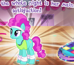 Size: 405x354 | Tagged: safe, imported from derpibooru, flashdancer, earth pony, pony, female, gameloft, mare, meme, night, out of context, smiling, solo, standing, tail, text, two toned mane, two toned tail, wow! glimmer