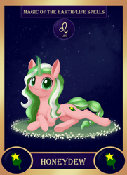 Size: 1300x1800 | Tagged: safe, artist:dusthiel, imported from derpibooru, part of a set, oc, oc:honeydew, pony, unicorn, card, female, leo, lying down, mare, prone, solo