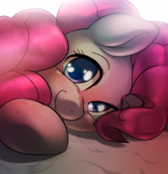 Size: 1971x2048 | Tagged: safe, artist:kurogewapony, imported from derpibooru, pinkie pie, earth pony, pony, :p, bed, blushing, cute, diapinkes, female, looking at you, lying, lying down, mare, on side, smiling, smiling at you, solo, tongue out