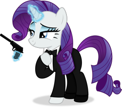 Size: 5224x4628 | Tagged: safe, artist:anime-equestria, imported from derpibooru, rarity, pony, unicorn, bowtie, clothes, eyeshadow, female, full body, glowing, glowing horn, gun, handgun, hoof on chest, horn, levitation, lidded eyes, magic, makeup, mare, pistol, shadow, silencer, simple background, smiling, solo, spy, standing, suit, suppressor, tail, telekinesis, transparent background, tuxedo, vector, walther ppk, weapon