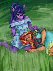 Size: 3000x4000 | Tagged: safe, artist:elisdoominika, imported from derpibooru, sci-twi, sunset shimmer, twilight sparkle, anthro, plantigrade anthro, barefoot, blushing, choker, clothes, couple, dress, eyes closed, feet, female, food, glasses, grapes, grass, head on lap, herbivore, jacket, lesbian, lying down, ponytail, scitwishimmer, shipping, sitting, sunsetsparkle