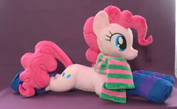 Size: 2595x1599 | Tagged: safe, artist:egalgay, imported from derpibooru, pinkie pie, earth pony, pony, clothes, irl, photo, plushie, scarf, solo, striped scarf