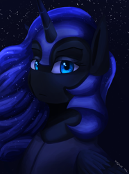 Size: 1000x1346 | Tagged: safe, artist:vezja, imported from derpibooru, nightmare moon, alicorn, armor, breastplate, bust, ethereal mane, female, flowing mane, helmet, horn, looking at you, mare, night, portrait, simple background, solo, stars, wings