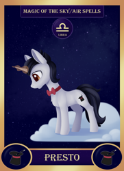 Size: 1300x1800 | Tagged: safe, artist:dusthiel, imported from derpibooru, part of a set, oc, oc:presto, pony, unicorn, bowtie, card, cloud, libra, magic, male, solo, stallion