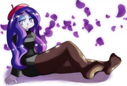 Size: 1420x967 | Tagged: safe, artist:araiiara123, imported from derpibooru, rarity, equestria girls, beatnik rarity, beret, clothes, hat, lidded eyes, missing shoes, solo, stocking feet, stockings, sweater, thigh highs