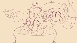 Size: 1239x696 | Tagged: safe, artist:czu, oc, oc only, kirin, pony, cooking pot, hat, implied cannibalism, monochrome, open mouth, simple background, smiling