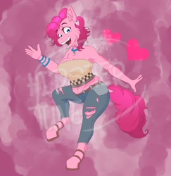 Size: 1946x2000 | Tagged: safe, artist:artmooons, artist:hipstertune, artist:moonswirlies, artist:moonswirly, imported from ponybooru, pinkie pie, anthro, clothes, heart, jeans, pants, ripped jeans, solo, tube top, watermark