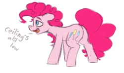 Size: 267x158 | Tagged: safe, artist:anonymous, pinkie pie, earth pony, pony, aggie.io, butt, crouching, dialogue, dock, female, mare, open mouth, plot, simple background, solo, talking, white background