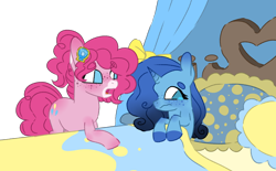 Size: 1822x1132 | Tagged: safe, artist:maximumpiracy, imported from derpibooru, pinkie pie, earth pony, pony, base used, bed, duo, female, magical lesbian spawn, mare, offspring, parent:pinkie pie, parent:trixie, parents:trixiepie, simple background, smiling, transparent background