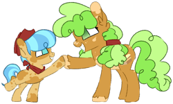 Size: 916x548 | Tagged: safe, artist:maximumpiracy, imported from derpibooru, apple brown betty, oc, earth pony, pony, apple family member, base used, duo, ear fluff, earth pony oc, grin, hat, hoofbump, magical lesbian spawn, neckerchief, offspring, parent:apple brown betty, parent:sunshower, simple background, smiling, transparent background