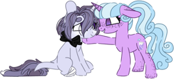 Size: 1280x584 | Tagged: safe, artist:maximumpiracy, imported from derpibooru, oc, oc only, pony, unicorn, base used, bow, duo, freckles, hair bow, horn, magical lesbian spawn, offspring, parent:pinkie pie, parent:trixie, parents:trixiepie, raised hoof, simple background, transparent background, unicorn oc