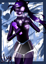 Size: 2084x2917 | Tagged: safe, artist:opal_radiance, imported from derpibooru, oc, anthro, earth pony, robot, abstract background, clothes, earth pony oc, female, microphone, one eye closed, skirt, smiling, solo, wink