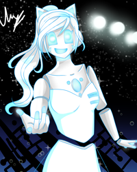 Size: 3334x4167 | Tagged: safe, artist:opal_radiance, imported from derpibooru, oc, anthro, earth pony, robot, abstract background, beckoning, earth pony oc, female, smiling, solo