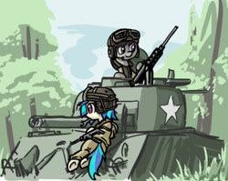 Size: 602x479 | Tagged: safe, artist:plunger, artist:toffo, dj pon-3, octavia melody, vinyl scratch, earth pony, pony, unicorn, clothes, duo, female, forest, grass, gun, hat, headphones, helmet, looking at something, lying down, mare, military uniform, sitting, sky, smiling, stars, tank (vehicle), tree, underhoof, uniform, weapon, wrench