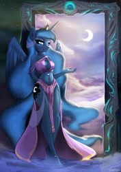 Size: 1556x2200 | Tagged: safe, artist:fidzfox, imported from derpibooru, princess luna, alicorn, anthro, plantigrade anthro, 2017, adorasexy, ankle bracelet, anklet, barefoot, bedroom eyes, belly button, boob window, breasts, busty princess luna, cleavage, clothes, cloud, come hither, constellation, crescent moon, cute, feet, female, goddess, hand behind back, jewelry, legs, loincloth, looking at you, mare, midriff, moon, portal, seductive, sexy, skimpy outfit, smiling, smiling at you, solo, spread wings, stupid sexy princess luna, tiptoe, toes, wide hips, wings