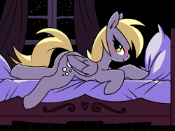 Size: 2400x1800 | Tagged: safe, imported from ponybooru, derpy hooves, pegasus, pony, bed, bedroom eyes, blushing, female, indoors, laying on bed, looking at you, looking sideways, lying down, mare, night, on bed, pillow, prone, smiling, smiling at you, solo, window