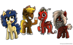 Size: 3000x1836 | Tagged: safe, artist:nyancat380, imported from ponybooru, oc, oc only, oc:acres, oc:dragonfire(havock), oc:flash reboot, oc:mindful manners, dracony, dragon, earth pony, hybrid, pegasus, pony, unicorn, beard, blaze (coat marking), blonde, blonde mane, blonde tail, blue mane, blue tail, brown coat, claws, coat markings, cowboy hat, dracony oc, dragon tail, dragon wings, ear fluff, ears, earth pony oc, eyes closed, facial hair, fangs, female, gray mane, gray tail, group photo, hat, horn, horns, looking at you, male, mare, open mouth, pegasus oc, raised hoof, raised leg, red coat, simple background, smiling, socks (coat marking), stallion, tail, toothy grin, transparent background, unicorn oc, waving, wings, yellow coat